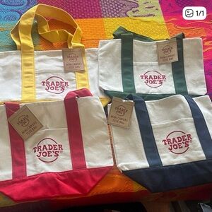 4 Trader Joe's Mini Canvas Tote Bag - Set of Assorted Color Trim